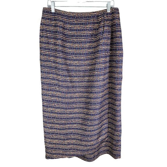 Womens Chaus Vintage Maxi 100% Silk Skirt Brown & Blue Geometric Print Size 14 - Picture 1 of 9